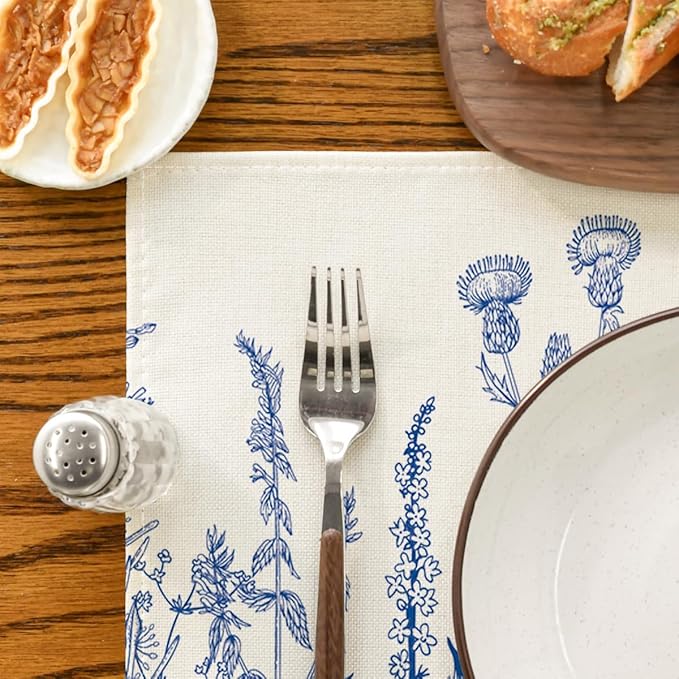 Artoid Mode Blue Antique Herbs and Wild Flowers Spring Placemats Set of 4, 12x18 Inch Seasonal Table Mats for Party Kitchen Dining Decoration