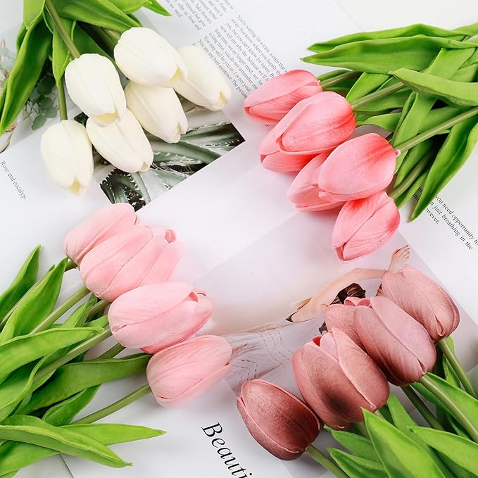 Beferr 18pcs Tulips Artificial Flowers Faux Tulip Real Touch Tulip Fake Flowers Bouquets Arrangements for Mothers Day Spring Easter Wedding Home Table Decor Coral Pink