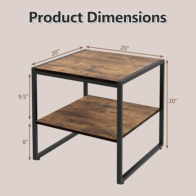 GOFLAME Square End Table Set of 2, 2-Tier Sofa Side Table with Open Shelf, Metal Frame, Industrial Tea Table, Compact Nightstand for Small Space, Bedside Table for Living Room, Bedroom, Rustic Brown