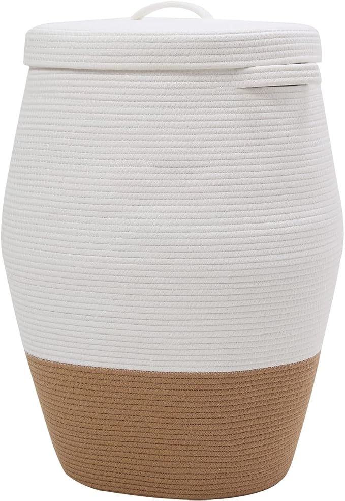 26" x 20" Tall Extra Large Storage Basket with Lid, Cotton Rope Storage Baskets, Woven Laundry Hamper with Cover, Cloth Storage Bin, for Clothes Towels Blanket in Living Room, White/Camel Bottom