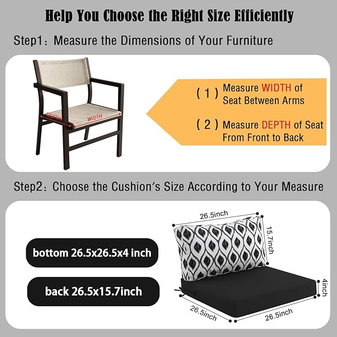 idee-home Outdoor Cushions for Patio Furniture, Outdoor Seat Cushion, Waterproof Hampton Bay Deep Seat Replacement Couch Chair Cushions for Garden Lawn Backyard Deck, 26.5 x 26.5 Black Pattern