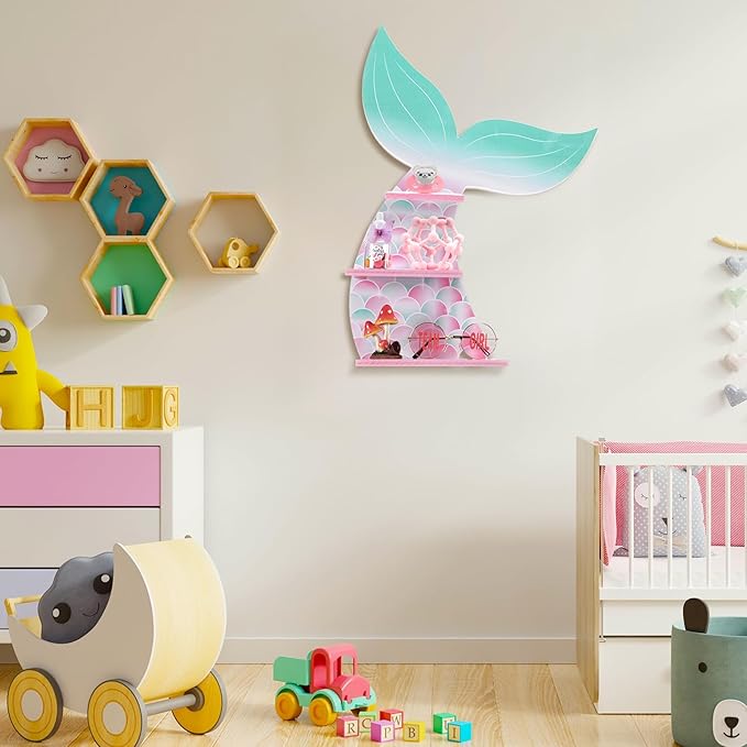 Bencailor Wall Decor Shelf Bedroom Hanging Shelf Wall Mounted Wooden Floating Bathroom Decor for Girls Bedroom Nursery Gift(Cute Mermaid)