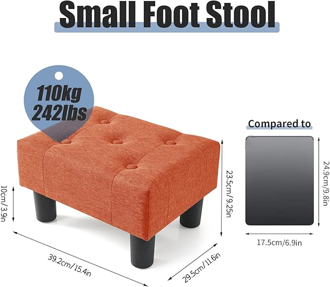 BRIAN & DANY Small Foot Stool, Linen Foot Stools with Legs, Stable Small Footstool for Living Room, Orange