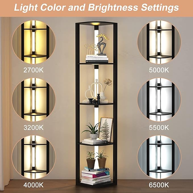 VTRIN Corner Shelf with Light, Modern Home Decor Stand Floor Lamps with Storage Shelves for Collectibles, Sturdy 5-Tier Corner Bookshelf Cabinet Display Shelf for Living Room Bedroom Small Space