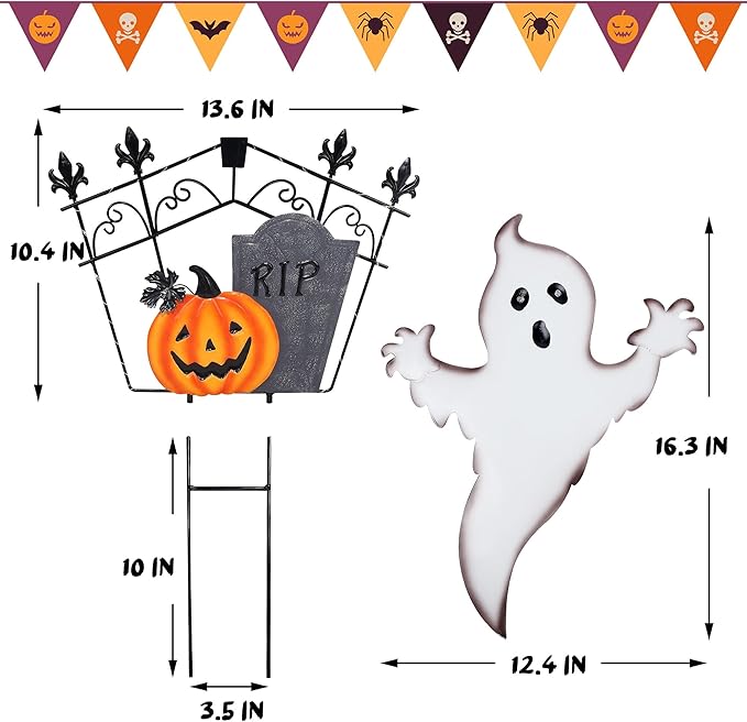 Joliyoou 29.5" H Halloween Yard Stake, Solar Lighted Metal RIP Tombstone with Glow-in-Dark Skull, 18 LED Purple LED Lights Spooky Yard Sign for Outdoor Lawn Garden Decorations