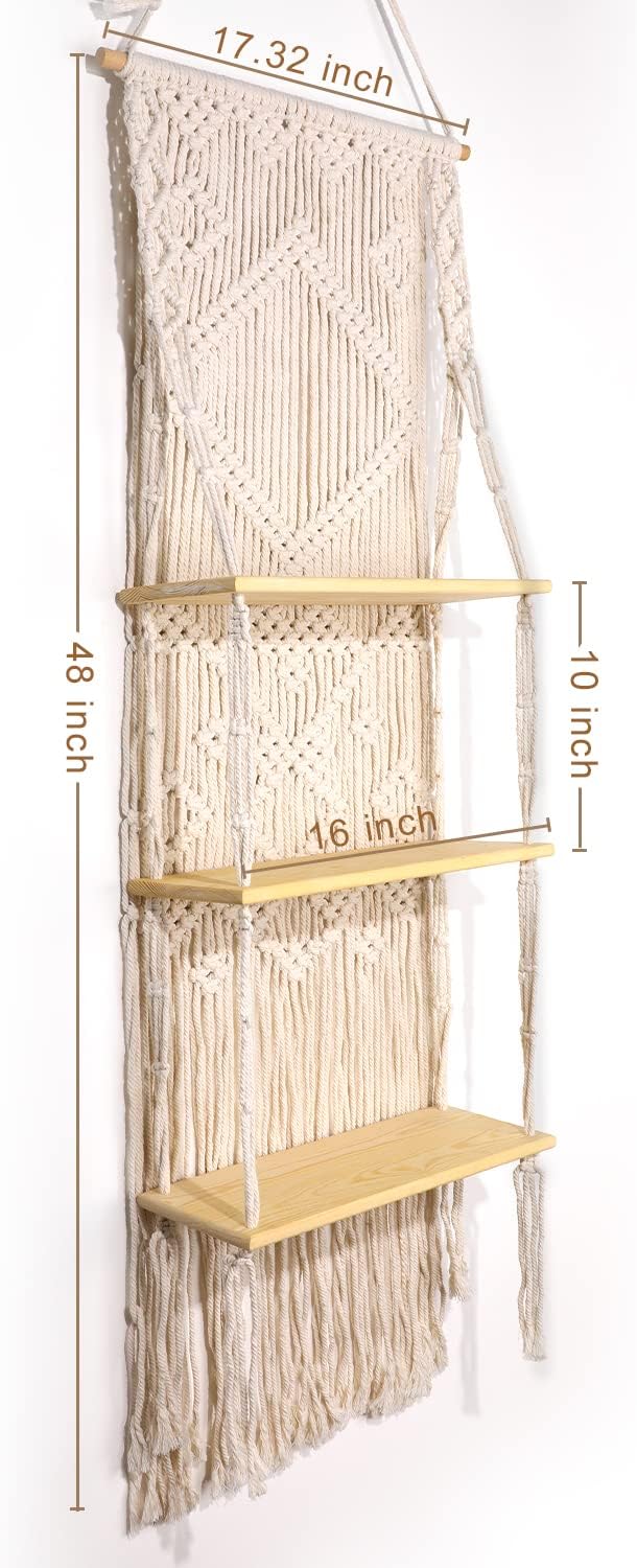 Macrame Wall Hanging Shelf for Decor, Boho Bathroom - Bohemian Decor Bedroom, Living Room 3 Tier Small Plants, Handmade Large Eclectic Home-(White)