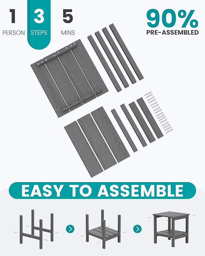 SERWALL 2-Tier HDPE Outdoor Side Tables Set of 4, Weatherproof Rectangular Adirondack Side Table, Gray