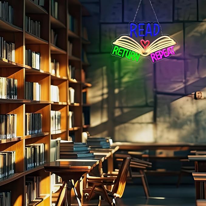 Retisee 15.8 x 10 Inches Neon Sign Read Return Repeat Book Library Decor Gifts LED Sign for Library Wall Book Themed Room Book Lover Room Reading Room Decor(Read)