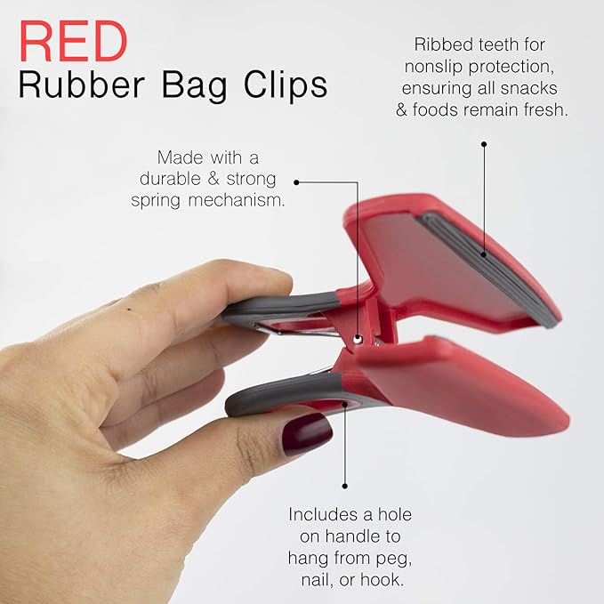COOK WITH COLOR Wide Heavy Duty Chip Clips - Large Bag Clips for Food Storage with Air Tight Seal Grip, Pack of 8, Red