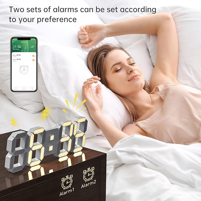 EDUP HOME 15" Multicolor LED Digital Wall Clock Alarm Clocks with APP Control, 3D LED Light Decorate Clocks with 5 Levels Brightness/Time/Date/Temperature Display, for Kitchen Bedroom Office