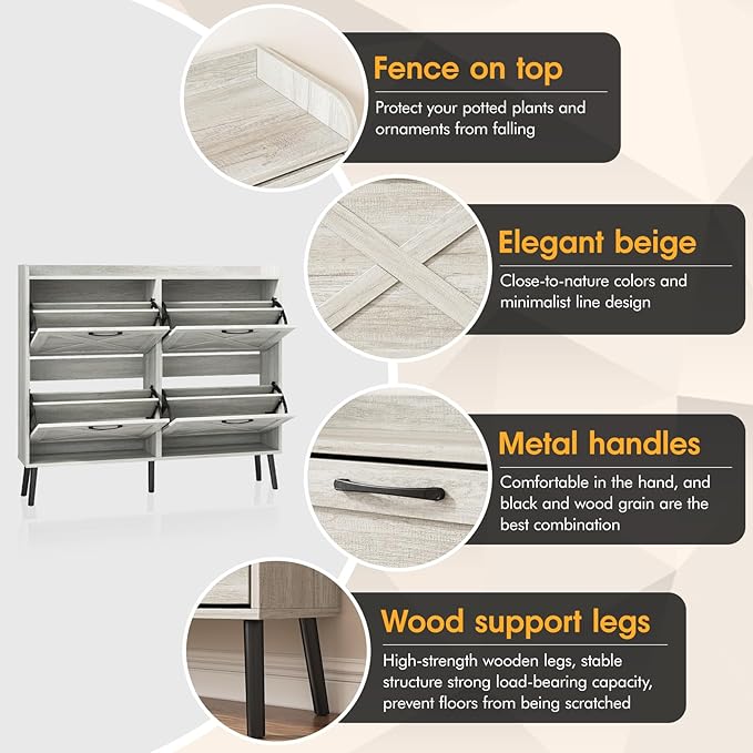 Maupvit Large Shoe Storage Cabinet with 4 Flip Drawers, Narrow Shoe Cabinet for Entryway with Wooden Legs, Freestanding Hidden Shoe Rack Organizer & Metal Hinges, Beige