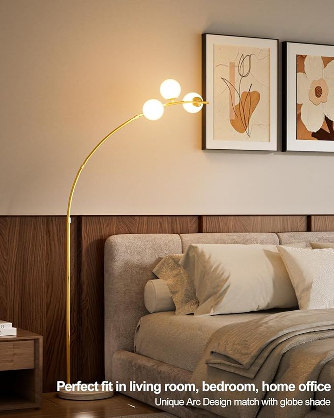 Lightdot 3 Globe Modern Floor Lamp for Living Room, Contemporary Gold Arc Floor Lamp with Shatterproof Shade and Bulbs Included,Mid Century Standing Lamp for Bedroom & Home Office