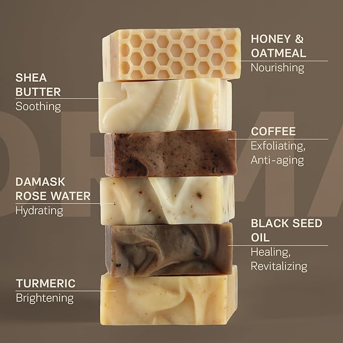 Bar Soap Set for Normal Skin – Natural Soap, Cold Processed Castile Soap Bar, Honey & Oatmeal soap, Blackseed, Shea Butter, Rose essential oil, Coffee, Turmeric Soap Bar (6PK)