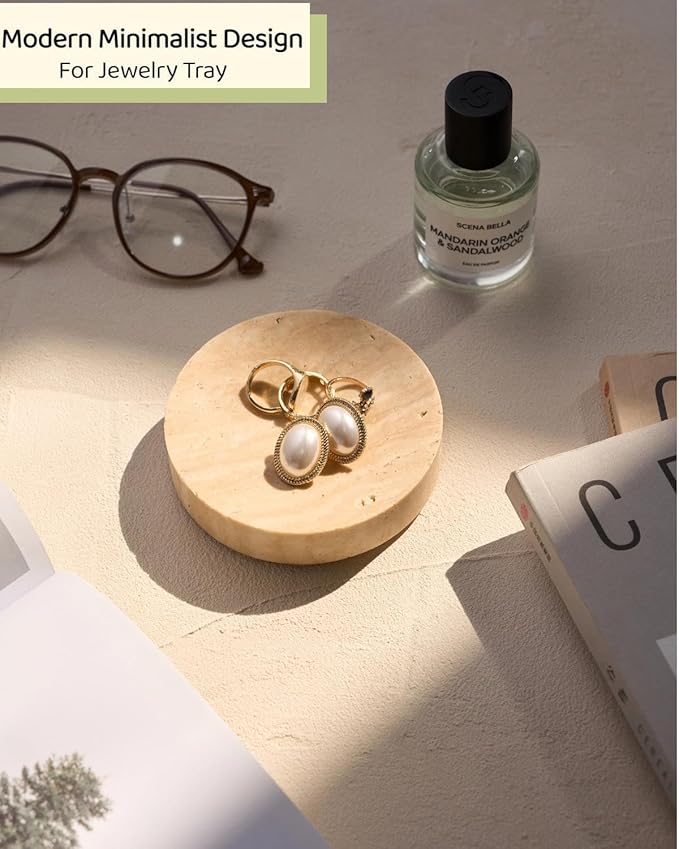 Natural Travertine Soap Holder, Round Marble Soap Dish for Shower, Bathroom Ceramic Soap Bar Holder, Decorative Rustic Soap Dishes, Farmhouse Kitchen Sink Sponge Tray with Non Slip Bottom
