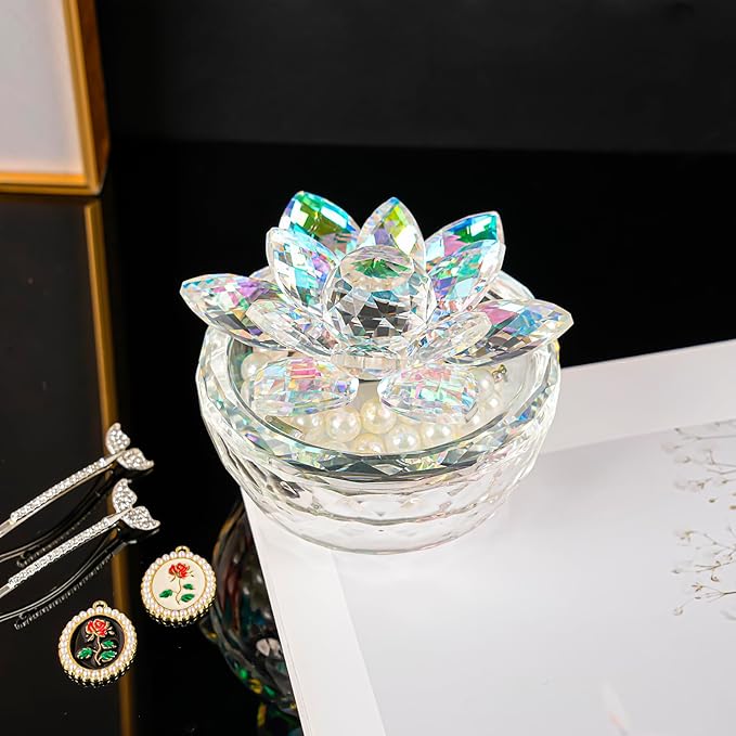 Crystal Jewelry Box Lotus Glass Jewelry Trinket Box with Lid Decorative Box to Ring Earrings Necklace Storage Holder for Home Decor(Dazzling Colors)