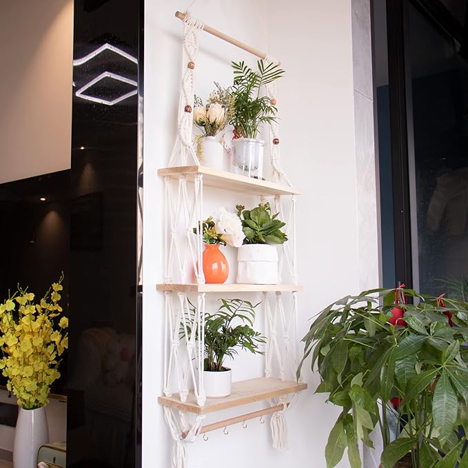 Wall Hanging Shelves Macrame Boho Floating Plant Photos Storage Rack Wood Shelf with Hooks for Bedroom Living Room Bathroom (3tier Shelves)