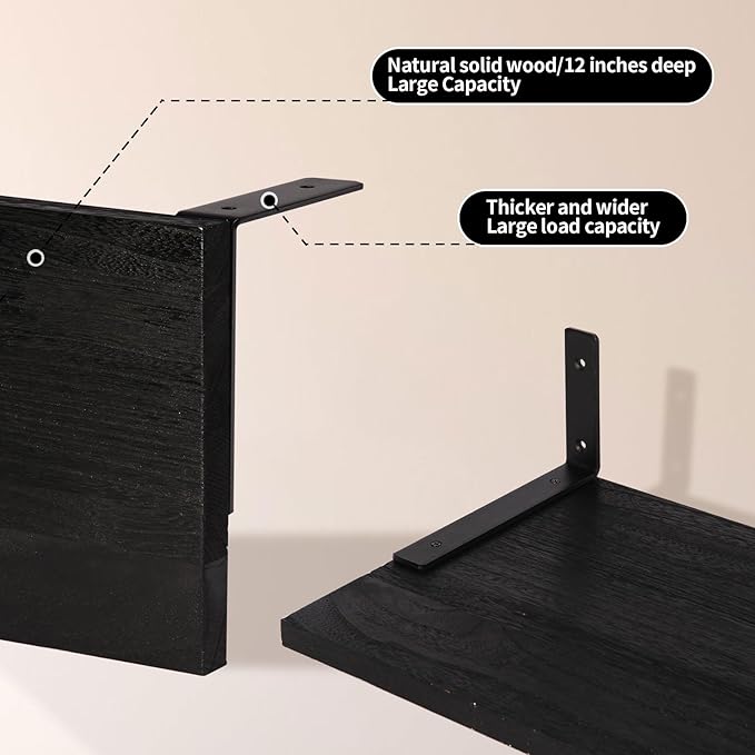Floating Shelves for Wall,12 Inch Deep Floating Shelf with Brackets,Wood Wall Shelves,Wall Mounted Bookshelf for Living Room,Bedroom,Kitchen,Office,Storage and Display Shelf Set (Black)