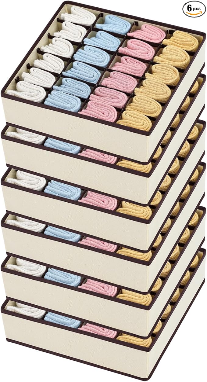 Joyoldelf Sock Organizer Drawer Organizer - Underwear Organizer, 24 Cell Collapsible Closet Organizers and Storage Sock Holders Organizers for Storing Socks, Ties, Belts 6 Pack Beige