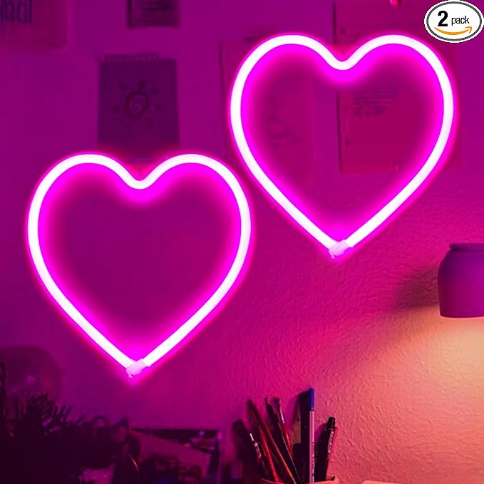 2-Pack Pink Heart Neon Sign, Neon Heart Lights Battery Operated or USB Powered Decoration Lamp, LED Wall Decoration Light for Mothers Day Decor Classroom, Dorm, Home, Wedding, Birthday and Party Décor