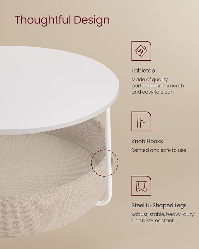 VASAGLE Coffee Table with Storage, Round Center Table for Living Room with Fabric Basket, Modern Style, Metal Frame, Matte White and Camel Brown ULCT244W10