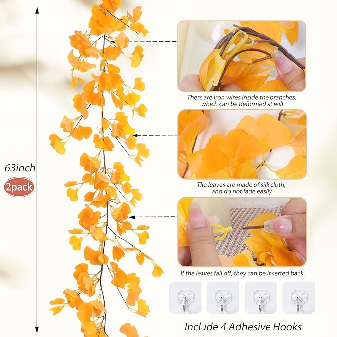 RECUTMS Artificial Fall Garland Hanging Ginkgo Biloba Twigs Vines 2Pcs 5.57FT Fake Ginkgos Leaf Rattan Faux Ivy for Thanksgiving Christmas Party Wedding Indoor Outdoor Home Fence Fireplace Table Decor