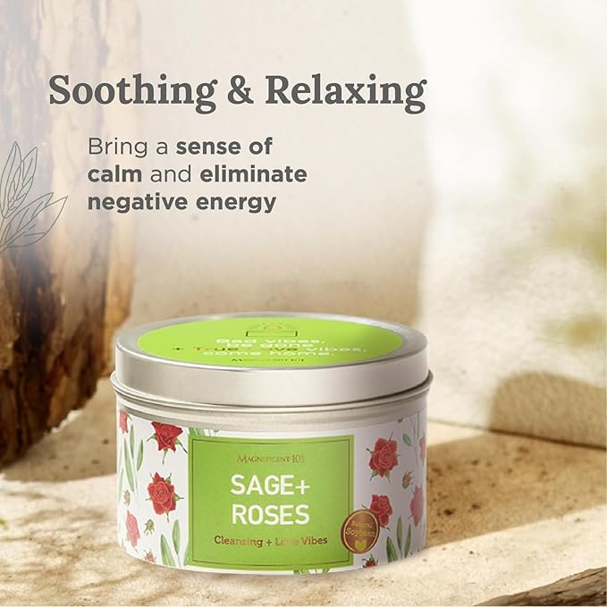 Magnificent 101 Long Lasting Sage + Roses Scented Candle | 6 Oz - 35 Hour Burn | Paraffin Free Soy Candle for House Energy Cleansing, Positive Romantic Aura & Manifestation