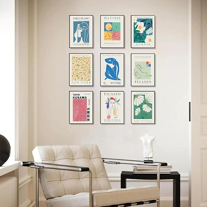 Eclectic Gallery Wall Art Set of 9, Abstract Matisse Poster Flower Market Prints, Minimalist Wall Decor Canvas Paintings, Trendy Aesthetic Room Decor for Bathroom, Bedroom, Living Room, Office(8"x10")