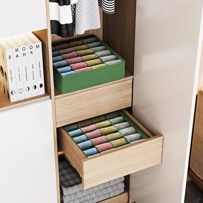 Joyoldelf Sock Drawer Organizer Divider 2 Packs Underwear Organizer, 24 Cell Closet Organizers and Storage Organizer Sock Holders Organizers for Storing Socks, Handkerchiefs, Ties, Belts (Green)