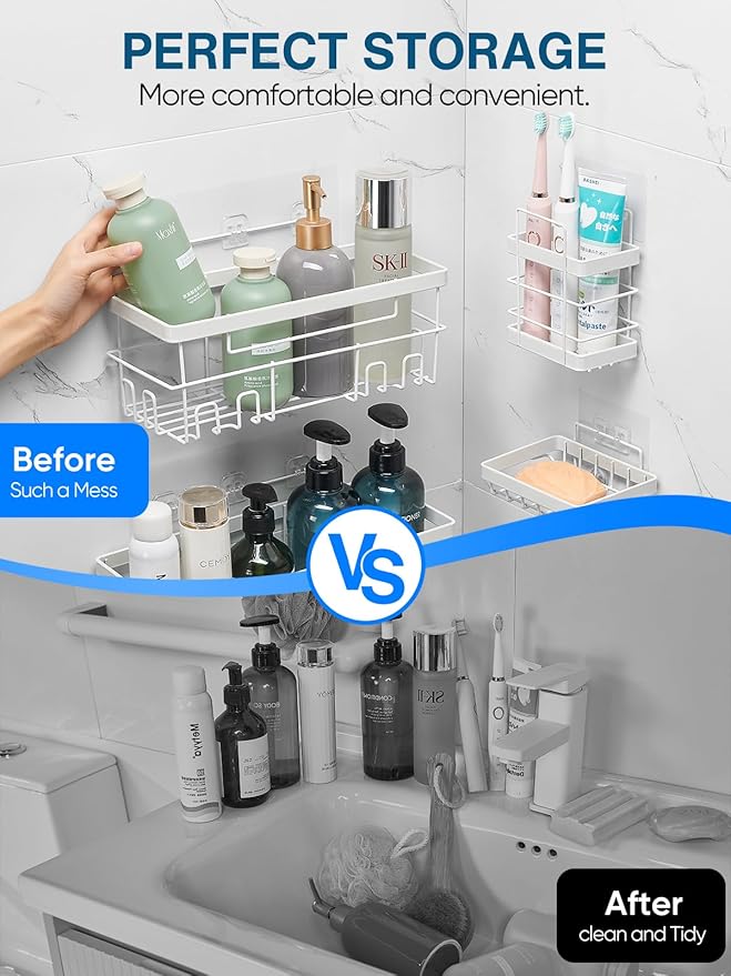 Cobbe Adhesive Shower Caddy 5-Pack, Large Wall Mounted Shower Shelves Rack, Organizer Storage Accessories with Soap Dish&Toothbrush Holder, Shelves for Bathroom Storage & Home Kitchen Decor, White