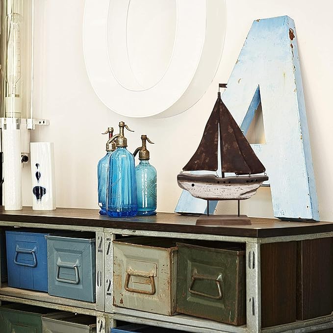 Rustic Wood Sailboat Decor Tabletop Nautical Decor, Wooden Sailboat Nautical Decoration Beach Themed Decoration Coastal Decor Sailboat Decoration for Home Mediterranean Decor (White)