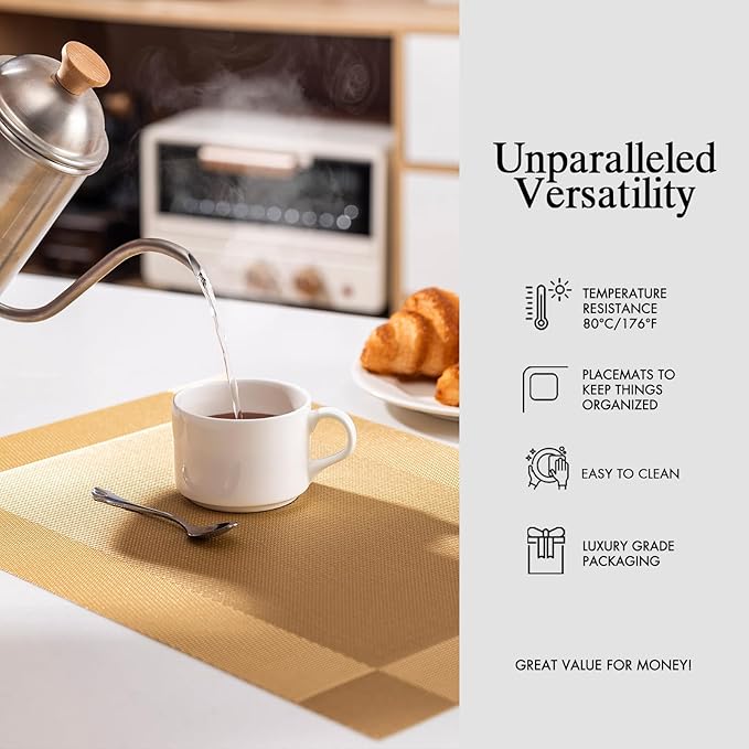 Placemats Set of 12 - Easy Clean Woven Vinyl Placemats for Dining Table, Indoor/Outdoor Place Mats, Washable PVC Table Mats(Gold Cube)