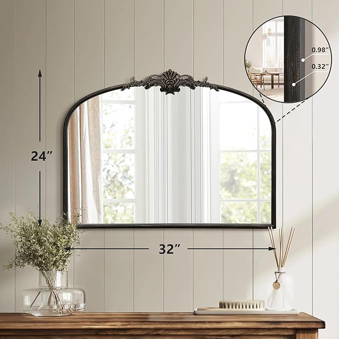 Vintage Baroque Black Mirror: 32"x24" Arched Antique Wall Mounted Mirror - Traditional Ornate Metal Frame - Home Decor for Entryway/Fireplace/Living Room/Hallway/Bathroom