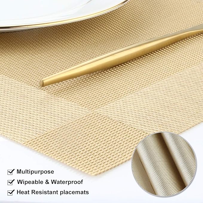 DACHUI Placemats Set of 6, Stylish Woven Place Mats for Dining Table, Washable & Durable PVC Table Mats (Gold)
