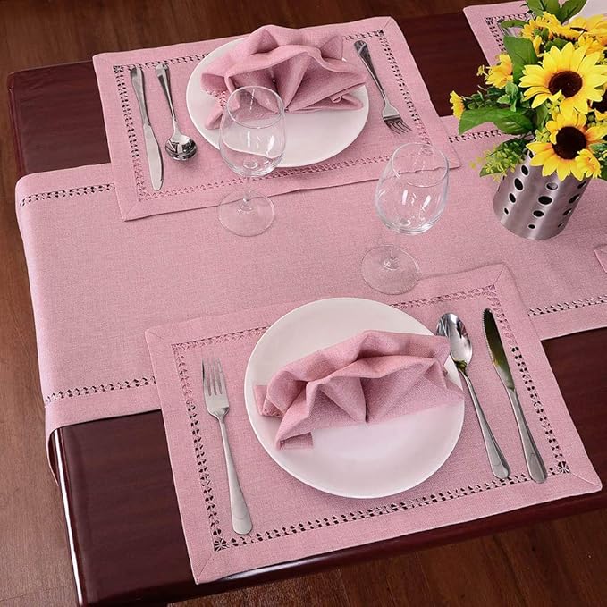 Grelucgo Handcrafted Solid Color Dining Table Runner, Dresser Scarf, Double-Hemstitched (Pink, 14 x 60)