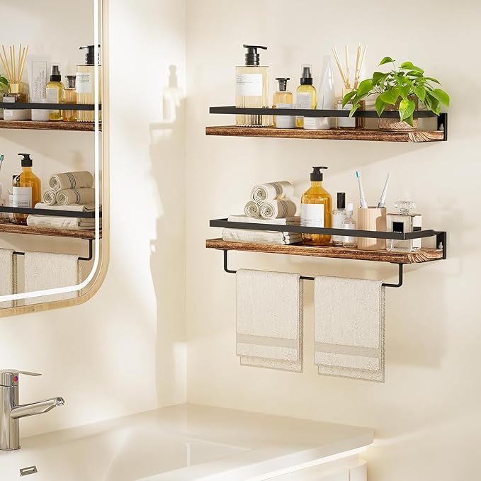 Amada HOMEFURNISHING Floating Shelves Wall Mounted, Wall Shelves for Bathroom, Kitchen, Bedroom, Storage Shelf with Towel Bar, Set of 2, Rustic Brown