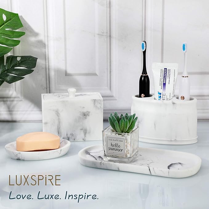 Luxspire Soap Dish, Resin Soap Tray Soap Holder Container Box, Marble Pattern Oval Soap Plate Case, Sponge Dish Scrubbers Tray Holder for Bathroom Vanity Shower Kitchen Sink Counter Top, Gravel White