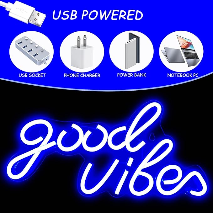 Good Vibes Neon Sign, LED Neon Signs for Wall Decor, Blue Neon Lights for Bedroom & Party Art Decor, USB Powered Bright Neon Light for Lover, Friends