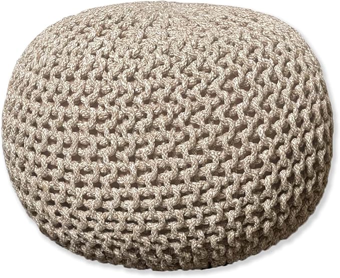 Chardin home- Crochet Beige-Ivory Pouf - Cozy & Bohemian, Recycled Cotton, Hand Crafted Casual Seating/Ottoman for Home, Office, Bedroom, 18"x18"x14".