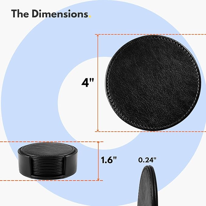 Leather Coasters for Drinks, 4" Drink Coasters Set of 6 with Holder for Tabletop Protection, Handmade Luxurious Home Décor and Housewarming Gift (Black)
