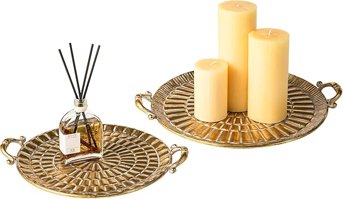 Glitzhome Set of 2 Vintage Decorative Trays with Handles, Metal Large Round Gold Embossed Jewelry Decorative Trays, Bathroom Dresser Vanity Trays