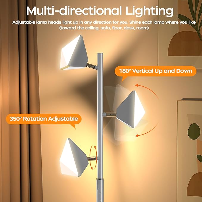 QiMH LED Tree Floor Lamp, Modern Floor Lamp for Living Room with 3 Lights,4 Color Change, 36W Stepless Dimmable Tall Standing Lamp with Touch and Remote Control for Bedroom Home Office, Silver