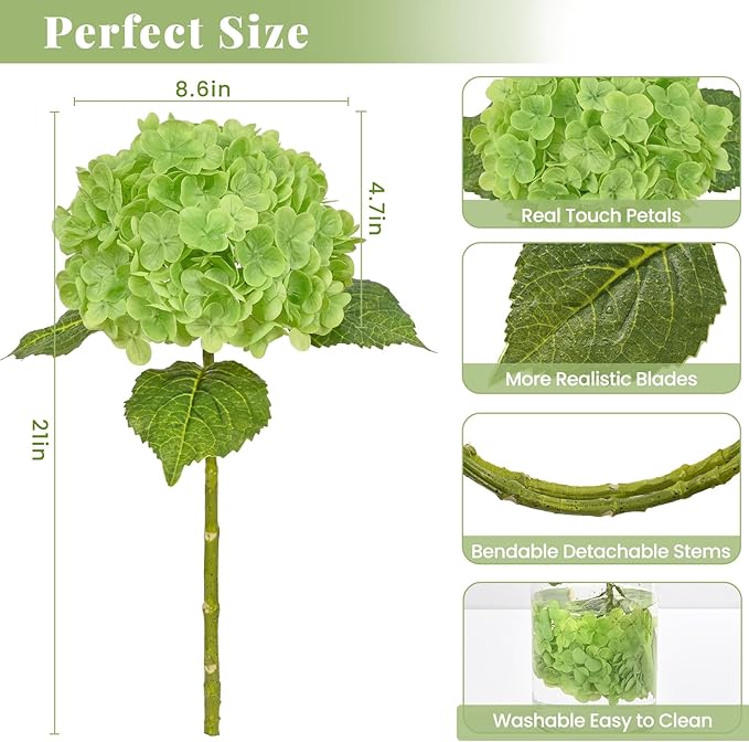 MARTINE MALL 3Pcs 21in Hydrangea Artificial Flowers, Latex Real Touch Hydrangeas Lifelike Large Hydrangea Flowers for Home Decor Party Arrangements Wedding Bouquets Centerpieces (Dark Green)