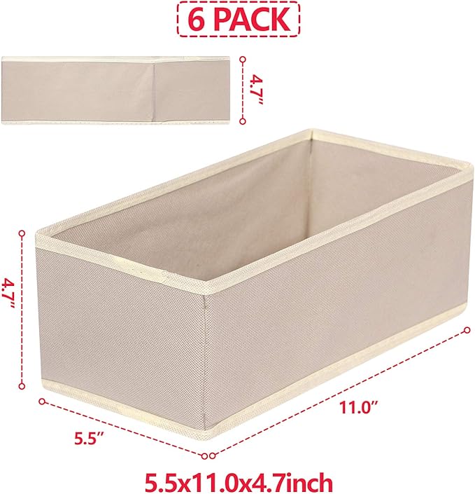 DIOMMELL 6 Pack Foldable Cloth Storage Box Closet Dresser Drawer Organizer Fabric Baskets Bins Containers Divider for Clothes Underwear Bras Socks Lingerie Clothing,Beige 060