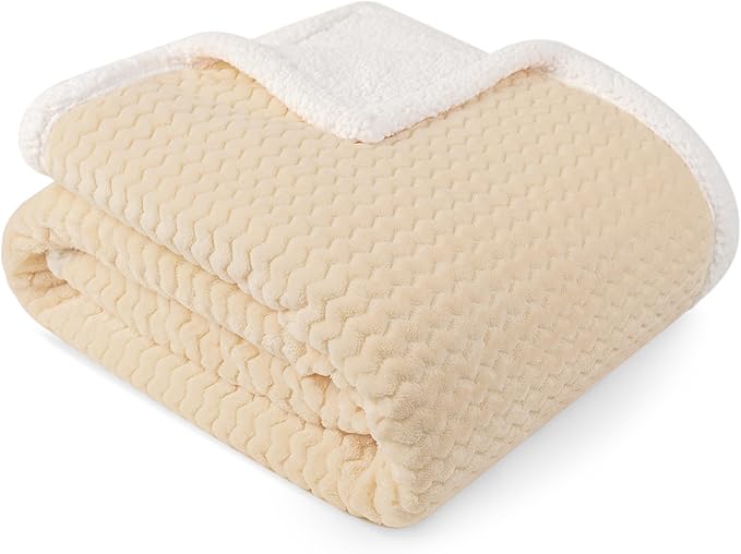 PAVILIA Cream Couch Blanket Throw Reversible Sherpa Chevron, Soft Cozy Jacquard Weave Textured Blanket for Sofa Bed, Thick Warm Large Fleece Car Blanket, Decorative Plush Home Decor, 50x60 Ivory Beige