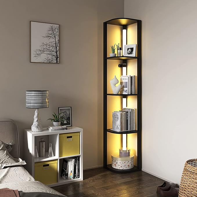 VTRIN Corner Shelf with Light, Modern Home Decor Stand Floor Lamps with Storage Shelves for Collectibles, Sturdy 5-Tier Corner Bookshelf Cabinet Display Shelf for Living Room Bedroom Small Space