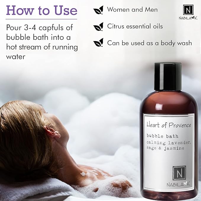 Heart of Provence Bubble Bath with Lavender, Sage & Jasmine Scent by Nabila K - Essential Oils, Natural Ingredients for Sensitive Skin, Gentle, Moisturizing - Luxury for Women & Men, 16 oz