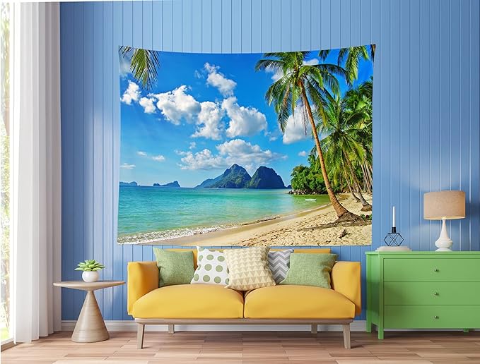 Loccor Ocean Beach Tapestry Tropical Seaside Island Palm Trees Waves Wall Tapestry Summer Hawaii Paradise Landscape Wall Hanging Hippie Bohemian Wall Art for Living Room Bedroom Home Decor(60x40 Inch)