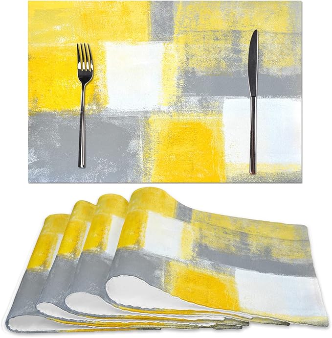 Yellow and Grey Abstract Art Placemats, Modern Art Placemats, Set of 4 Heat Resistant Non-Slip Artwork Dining Placemats, Washable Place Mats for Home Kitchen (Yellow and Grey, 18"X12")