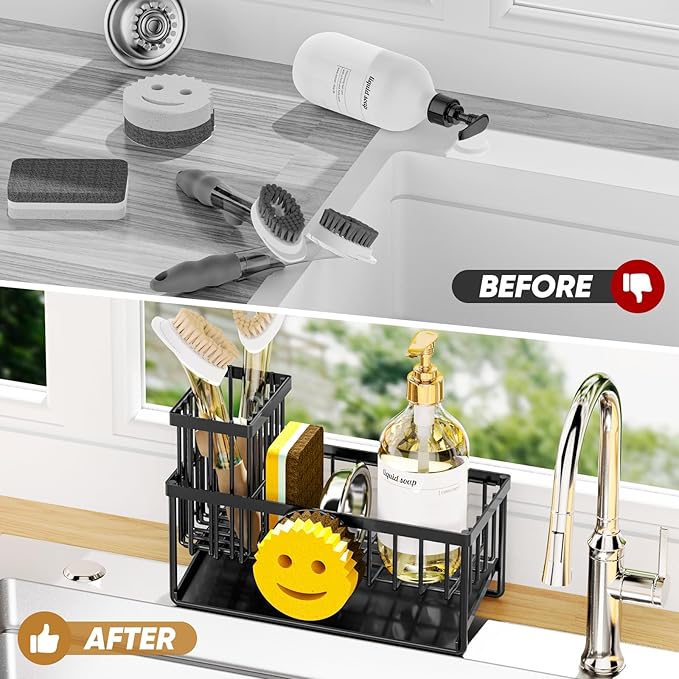 Sponge Holder for Kitchen Sink,Smiley Face Sink Caddy with Removable Brush Holder,Self-Draining Sponge Caddy for Steel Wool Scrubber,Soap,Dish Brush,Scrubber,Kitchen Essentials and Gadgets