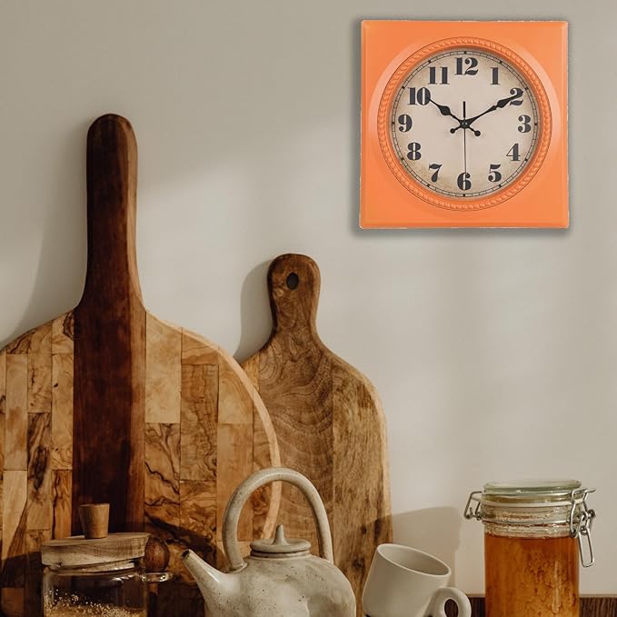 Orange Retro Wall Clocks Battery Operated 12 Inch- 1950s Style Square Vintage Clock for Kitchen Living Room Home Decor